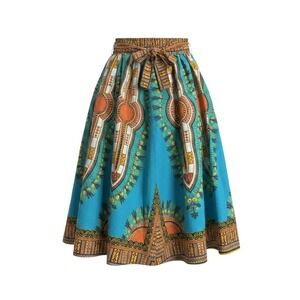 Gunita Dashiki Midi Skirt L/XL Blue Orange Cotton Smocked Waist Tie Belt Boho